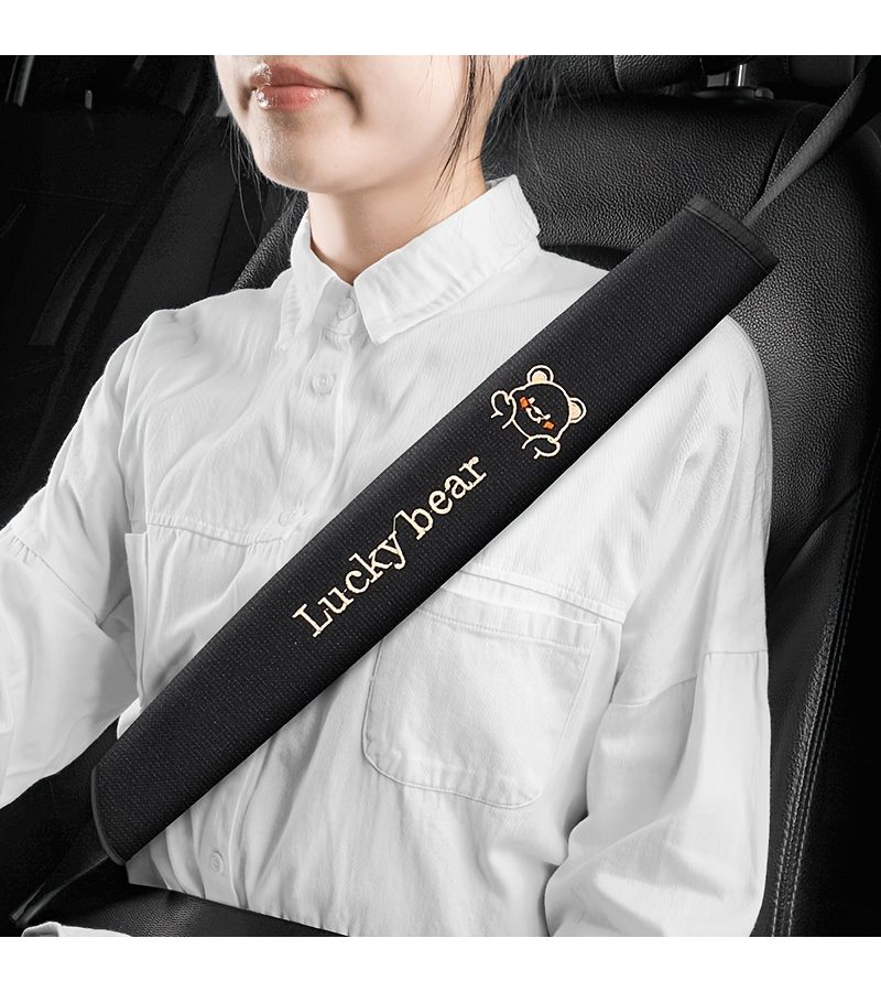 Cartoon Bear Linen Car Interior Cover With Belt Shoulder Pads Beige Color Breathable Durable Dirt Resistant - Image 5