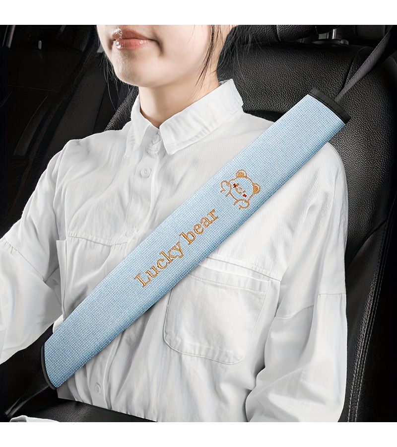 Cartoon Bear Linen Car Interior Cover With Belt Shoulder Pads Beige Color Breathable Durable Dirt Resistant - Image 2