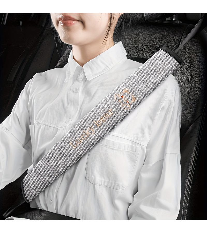 Cartoon Bear Linen Car Interior Cover With Belt Shoulder Pads Beige Color Breathable Durable Dirt Resistant - Image 4
