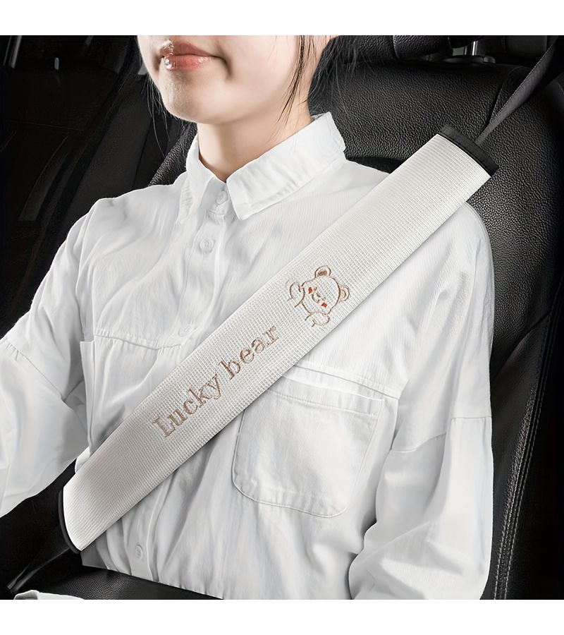 Cartoon Bear Linen Car Interior Cover With Belt Shoulder Pads Beige Color Breathable Durable Dirt Resistant - Image 3