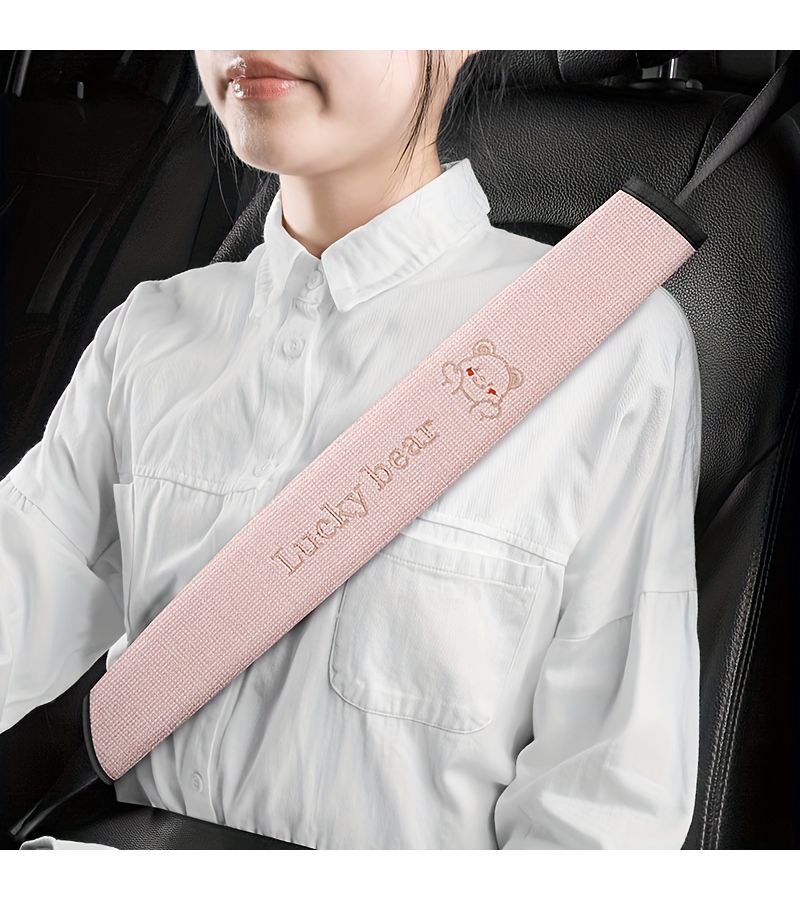 Cartoon Bear Linen Car Interior Cover With Belt Shoulder Pads Beige Color Breathable Durable Dirt Resistant - Image 1