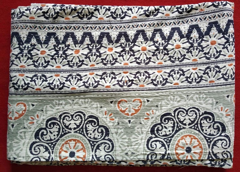 Textile export creations إبداعات تصدير الأقمشة إبداعات تقليدية عرقية قنطة هندية غطاء سرير مفرد زمردي من القطن فواكه استوائية مخيطة يدويًا بواسطة إبداعات تصدير الأقمشة 90x60 بوصة - Image 2