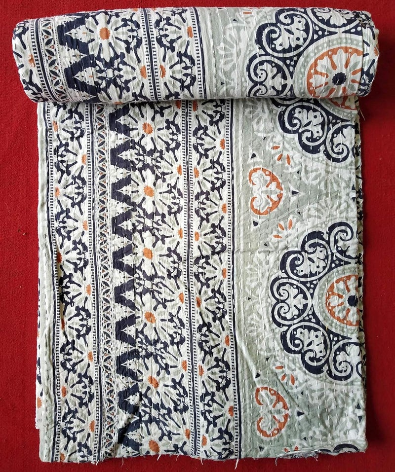 Textile export creations إبداعات تصدير الأقمشة إبداعات تقليدية عرقية قنطة هندية غطاء سرير مفرد زمردي من القطن فواكه استوائية مخيطة يدويًا بواسطة إبداعات تصدير الأقمشة 90x60 بوصة - Image 1
