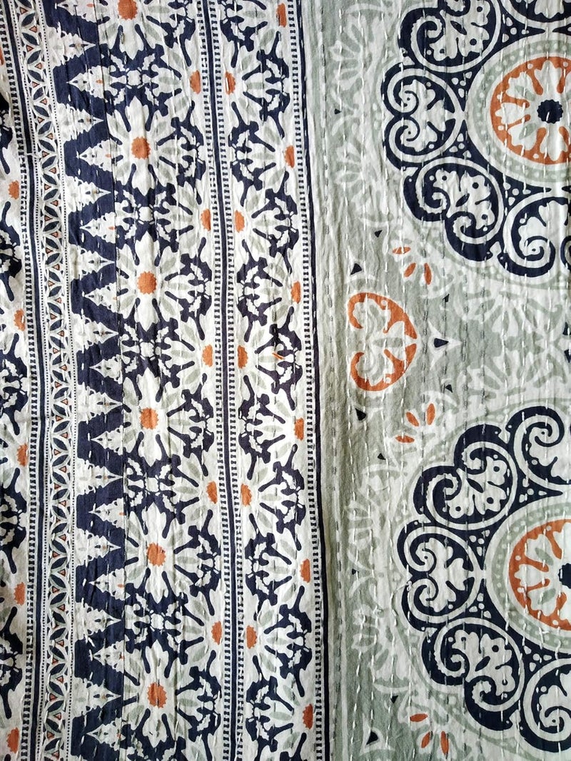 Textile export creations إبداعات تصدير الأقمشة إبداعات تقليدية عرقية قنطة هندية غطاء سرير مفرد زمردي من القطن فواكه استوائية مخيطة يدويًا بواسطة إبداعات تصدير الأقمشة 90x60 بوصة - Image 3