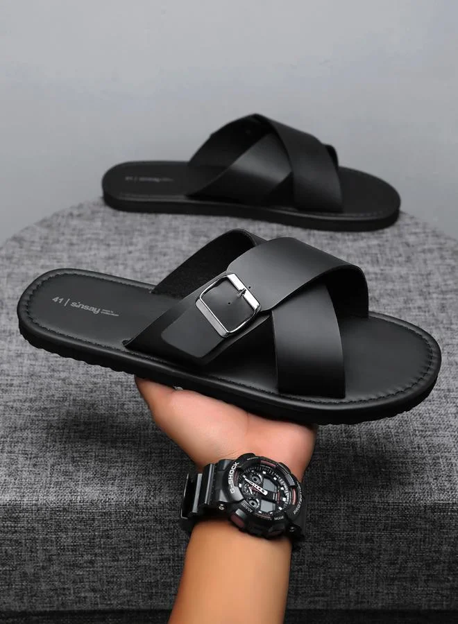 Take Two Men Black Cross-Strap Slip-On Flip-Flops