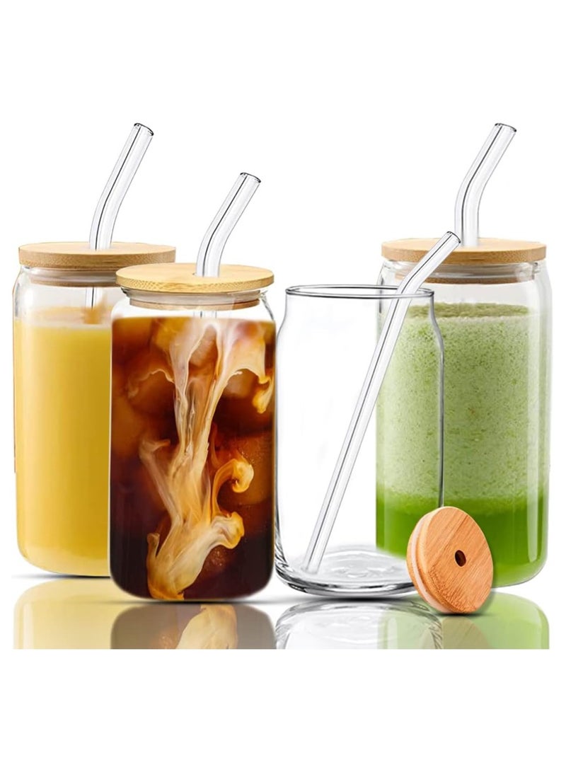 Drinking Glasses with Bamboo Lids and Glass Straw 4pcs Set - Can Shaped Glass Cups, Beer Glasses, Iced Coffee Glasses, Cute Tumbler Cup, Ideal for Cocktail, Whiskey, Gift  - Image 1