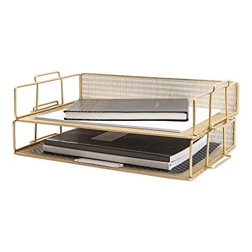 BLU MONACO Gold Mesh Paper Tray  Set of 2 Stackable Letter Trays  Durable Metal Desk Organizer for Home Office  School  Stylish Document Holder File Storage and Workspace Organizer