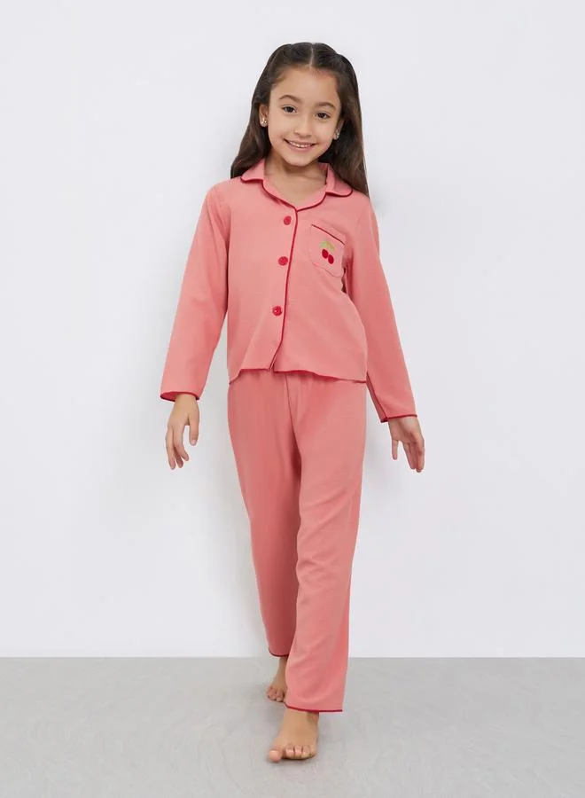 Take Two Take Two Girls Rust Pocket Detail Shirt and Pyjama Set
