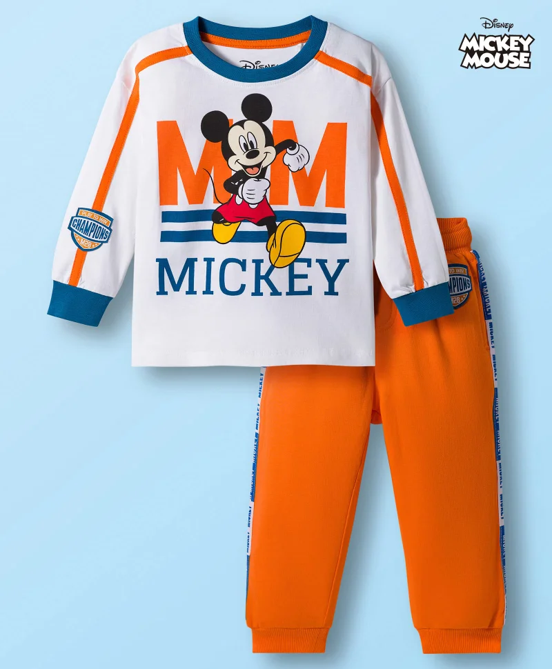 Babyhug Disney Babyhug Disney Single Jersey Knit Sweatshirt & Track Pant Set with Front & Back Mickey Mouse Graphics - White & Orange