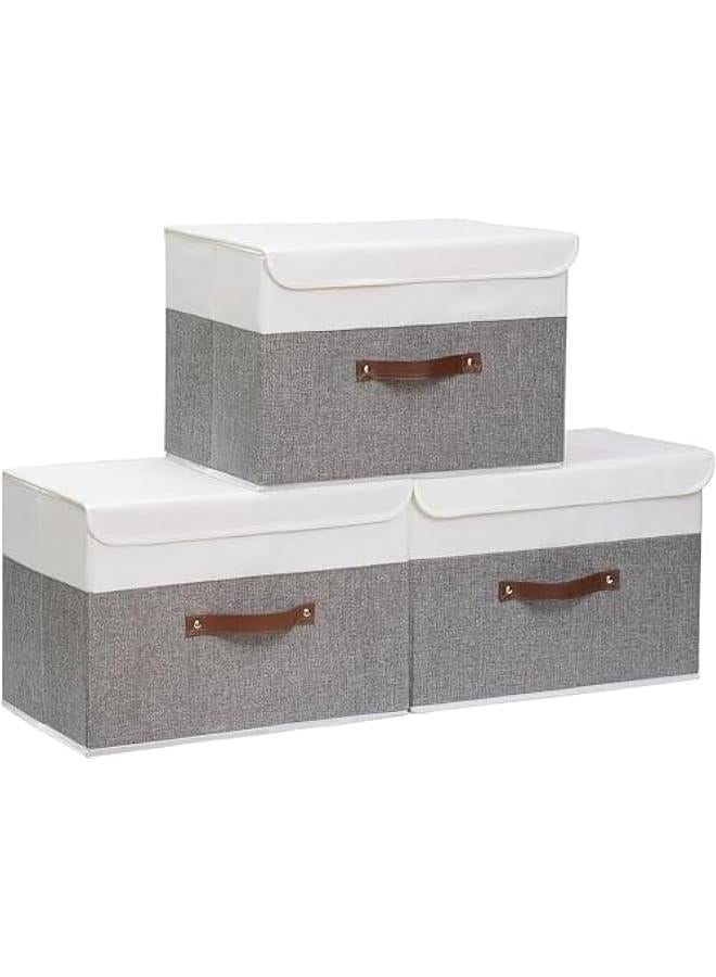 ميكسد صناديق تخزين مع اغطية، 3 عبوات صناديق تخزين قابلة للطي مع اغطية ومقبض جلدي، منظمات خزانة لتخزين الملابس، سلال تخزين من قماش الكتان، للملابس والكتب من ميلند (رمادي + ابيض)، من مايليندي - Image 1