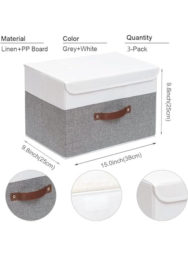 ميكسد صناديق تخزين مع اغطية، 3 عبوات صناديق تخزين قابلة للطي مع اغطية ومقبض جلدي، منظمات خزانة لتخزين الملابس، سلال تخزين من قماش الكتان، للملابس والكتب من ميلند (رمادي + ابيض)، من مايليندي - Image 2