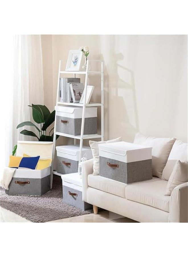 ميكسد صناديق تخزين مع اغطية، 3 عبوات صناديق تخزين قابلة للطي مع اغطية ومقبض جلدي، منظمات خزانة لتخزين الملابس، سلال تخزين من قماش الكتان، للملابس والكتب من ميلند (رمادي + ابيض)، من مايليندي - Image 3