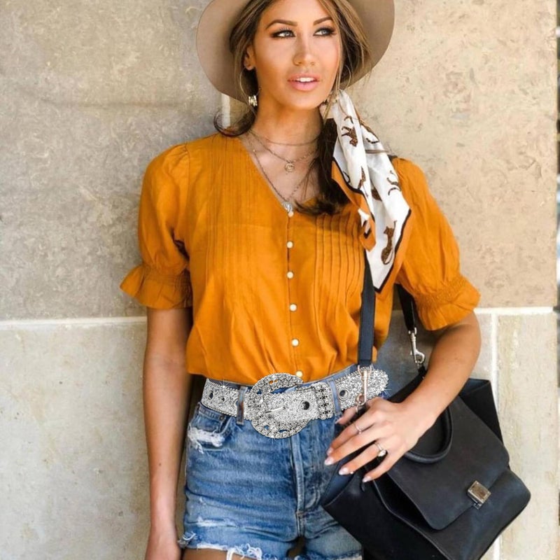 XuoAz Women Rhinestone-Leather-Belts Western-Cowboy-Cowgirl Belt Bling-Diamond Waist Belt for Jeans Pants - Image 3