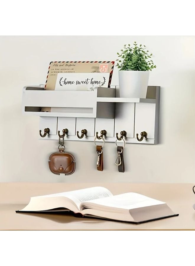 Brown Wood Wall Mounted Organizer Key Holder Mail Tray Hooks Shelves Farmhouse - Image 5