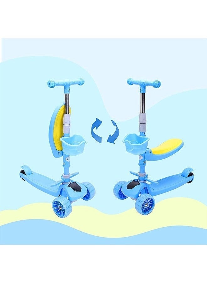2 in 1 Scooters for Kids,Toddler Scooter for Ages 2-12,Music&Light Display Kids Scooter, Kick Scooter with Foldable Seat,3 Wheel Scooter and Adjustble Height（blue）
