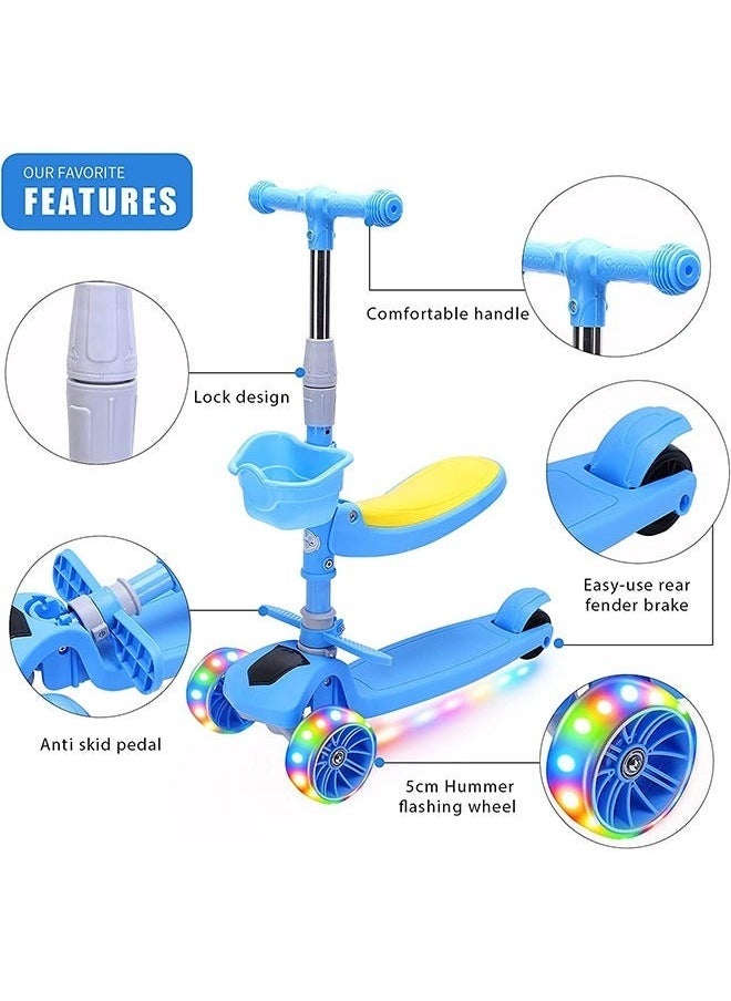 2 in 1 Scooters for Kids,Toddler Scooter for Ages 2-12,Music&Light Display Kids Scooter, Kick Scooter with Foldable Seat,3 Wheel Scooter and Adjustble Height（blue）