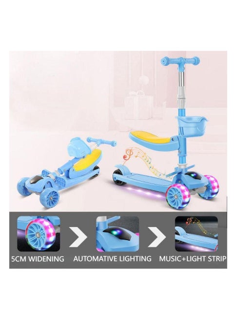 2 in 1 Scooters for Kids,Toddler Scooter for Ages 2-12,Music&Light Display Kids Scooter, Kick Scooter with Foldable Seat,3 Wheel Scooter and Adjustble Height（blue）