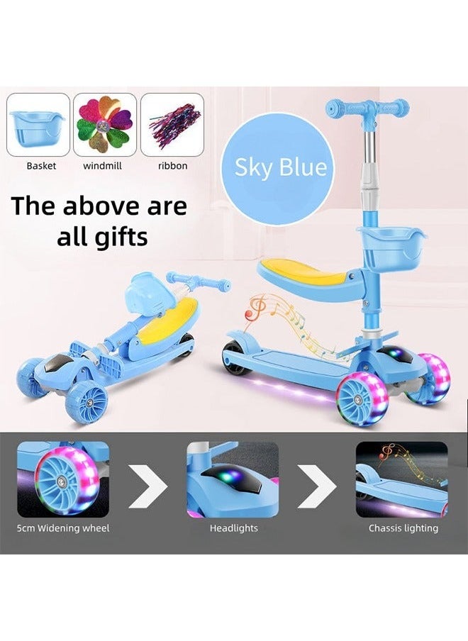 2 in 1 Scooters for Kids,Toddler Scooter for Ages 2-12,Music&Light Display Kids Scooter, Kick Scooter with Foldable Seat,3 Wheel Scooter and Adjustble Height（blue）
