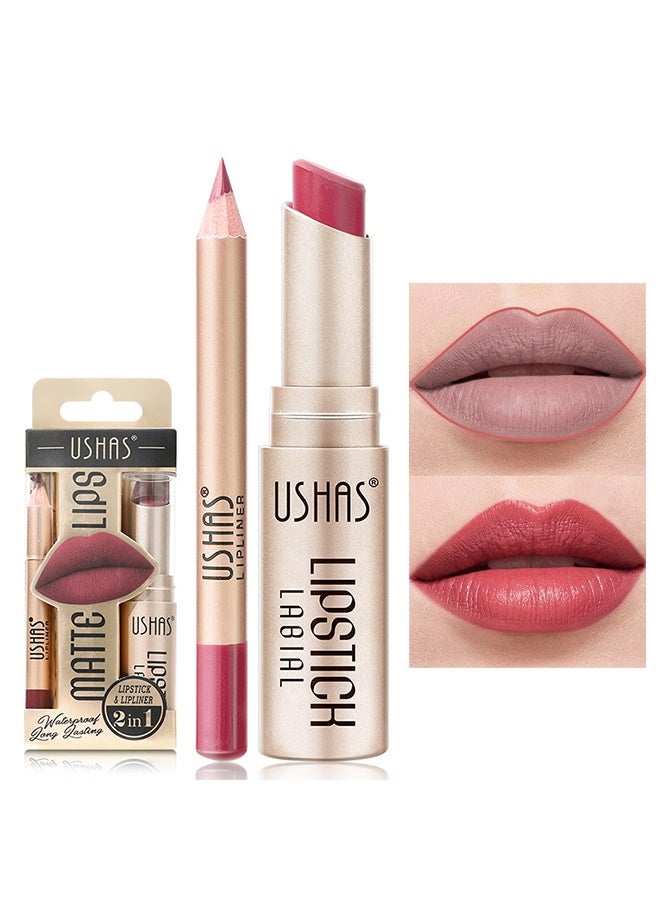 Ushas 2 in 1 Lipstick & Lipliner -Matte Nude Waterproof Lipstick for Women Lip liner Set Long Lasting Lipstick, Matte Lipstick Pen with Lip Liner Set Makeup Kits (06) - Image 1