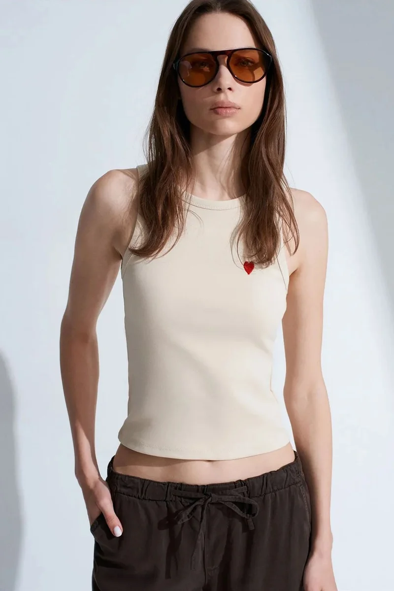 Dilvin Beige Natural DILVIN Embroidered Sleeveless Slim-Fit Jersey Blouse for Women | Best Price UAE