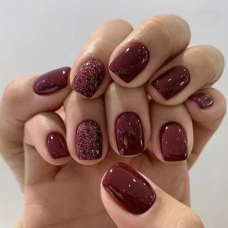 WULIUFLY Comfort grip Burgundy Press on Nails Short False Nails Solid Color Acrylic Nails Fall Fake Nails Square Shape Glue on Nails with Designs Artificial Stick on Nails for Women DIY Manicure Decorations 24PCS Ready-to-ship local stock - Image 1