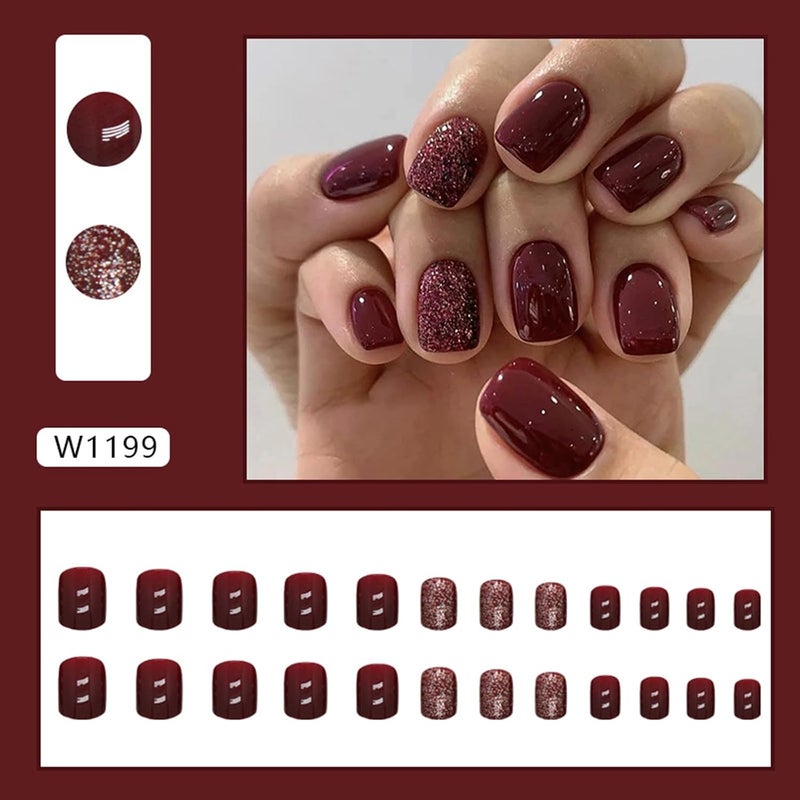 WULIUFLY Comfort grip Burgundy Press on Nails Short False Nails Solid Color Acrylic Nails Fall Fake Nails Square Shape Glue on Nails with Designs Artificial Stick on Nails for Women DIY Manicure Decorations 24PCS Ready-to-ship local stock - Image 3