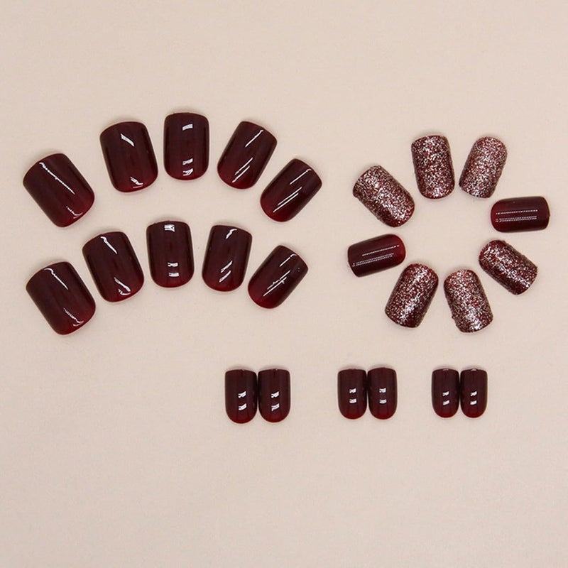 WULIUFLY Comfort grip Burgundy Press on Nails Short False Nails Solid Color Acrylic Nails Fall Fake Nails Square Shape Glue on Nails with Designs Artificial Stick on Nails for Women DIY Manicure Decorations 24PCS Ready-to-ship local stock - Image 5