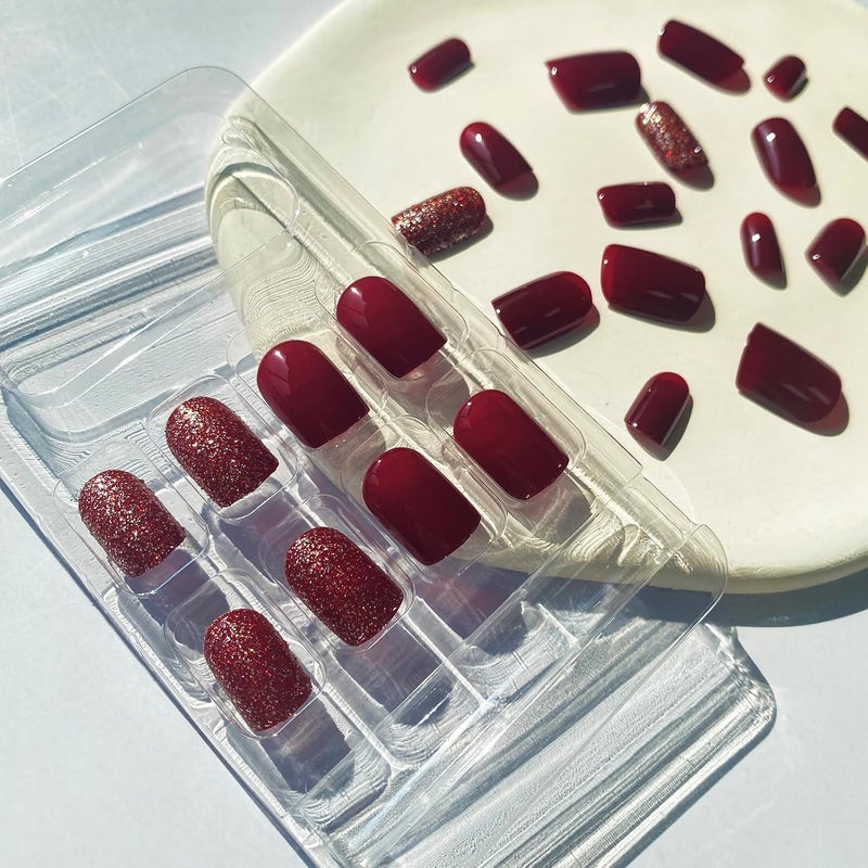 WULIUFLY Comfort grip Burgundy Press on Nails Short False Nails Solid Color Acrylic Nails Fall Fake Nails Square Shape Glue on Nails with Designs Artificial Stick on Nails for Women DIY Manicure Decorations 24PCS Ready-to-ship local stock - Image 2