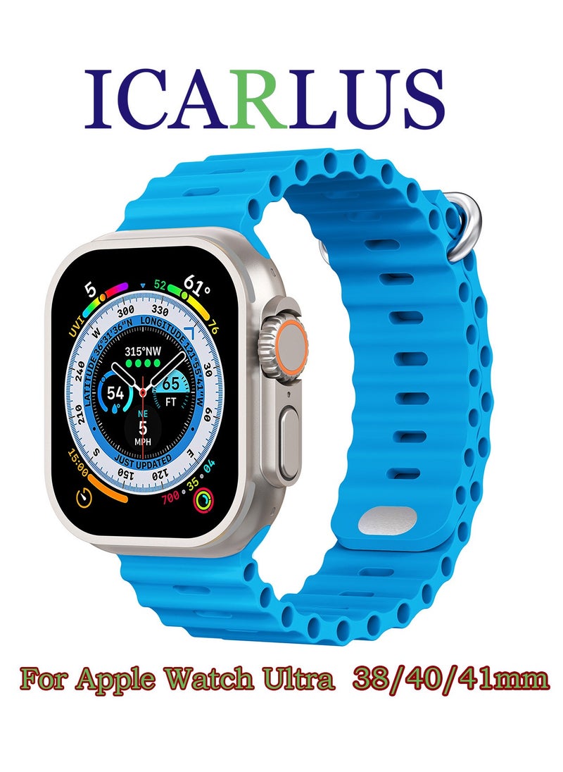 ICARLUS - Ocean Band Compatible with Apple Watch Ultra Band 41/40/38mm Men Women, Soft Silicone Sport Band Replacement Strap for Apple Watch Ultra2/Ultra iWatch Series 9 8 7 SE 6 5 4 3 2 1 Wave Blue - Image 1