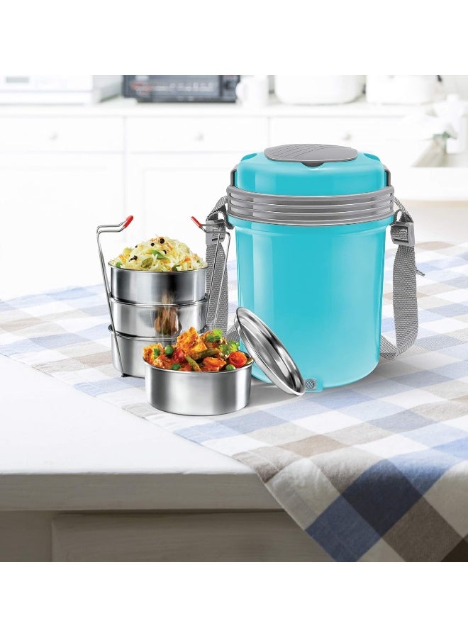 Milton New Electron Stainless Steel Tiffin Box, Set of 4, (360 ml Each ), Blue | Shock Proof | Auto Cut | Easy to Use | Hot for hours | Prevent Over Heating - Image 2