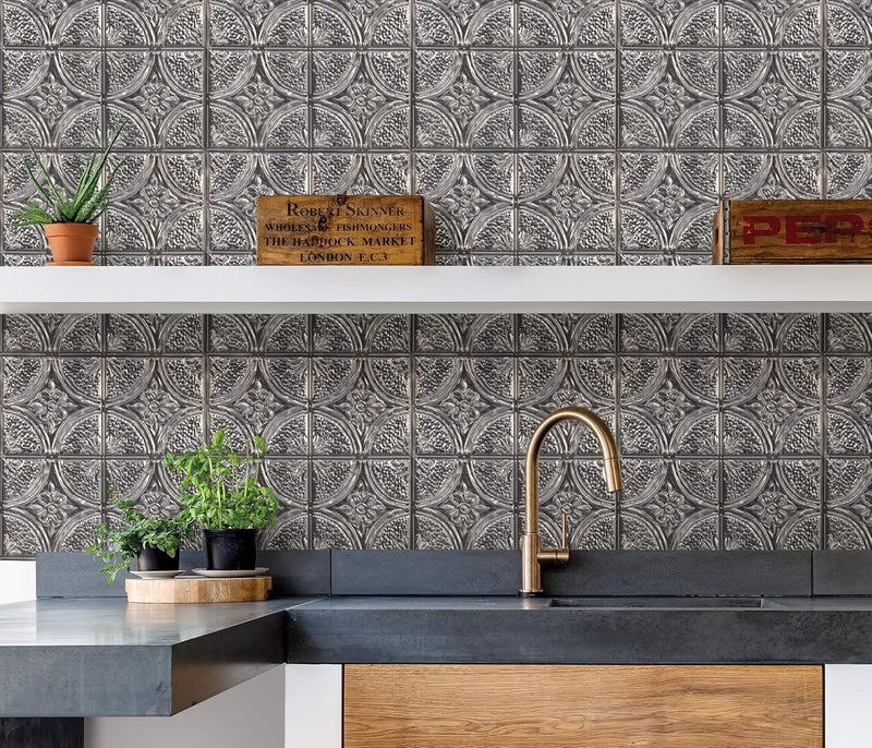 InHome NH3922 Camden Antique Silver Faux Tin Peel & Stick Backsplash Tiles, Metallic, 10 inch x 10 inch - Image 5