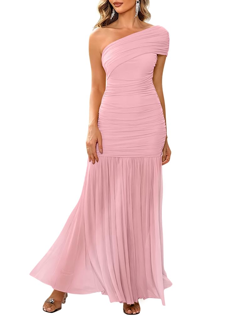 LAGSHIAN Women's Elegant Formal Long Dress One Shoulder Sleeveless Ruched Bodycon Evening Dress Pink - Image 1