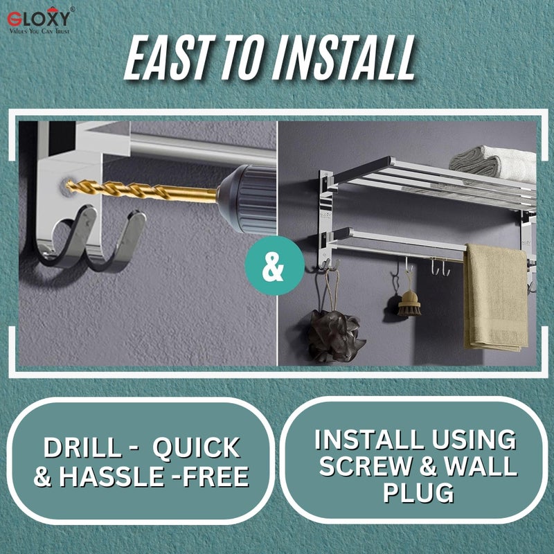 Gloxy Stainless Steel Folding 24 Inches Towel Rack for Bathroom - Durable, Stylish, Space-Saving Towel Holder & Stand - Perfect Bathroom Accessories Set for Home (24 Inch, Chrome, Foldable) - Image 5