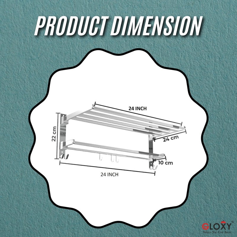 Gloxy Stainless Steel Folding 24 Inches Towel Rack for Bathroom - Durable, Stylish, Space-Saving Towel Holder & Stand - Perfect Bathroom Accessories Set for Home (24 Inch, Chrome, Foldable) - Image 2
