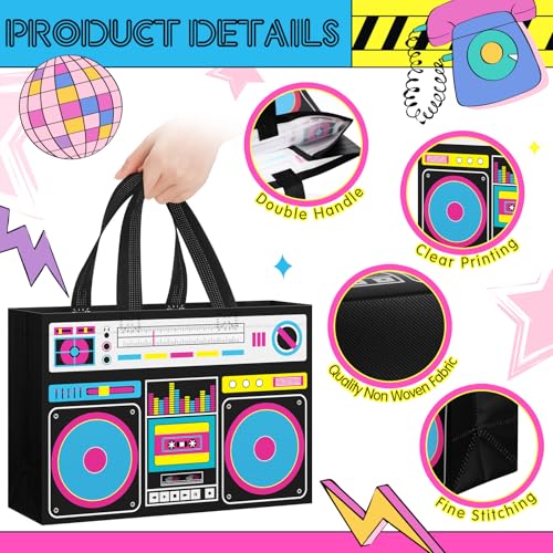 Locmeo 12 Pcs 80s90s Party Favor Bags Non Woven Retro Radio Grocery Bags for Hip Hop Birthday Disco Rock Party (Black) - Image 5