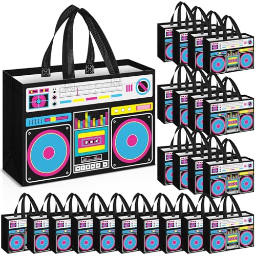 Locmeo 12 Pcs 80s90s Party Favor Bags Non Woven Retro Radio Grocery Bags for Hip Hop Birthday Disco Rock Party (Black) - Image 1