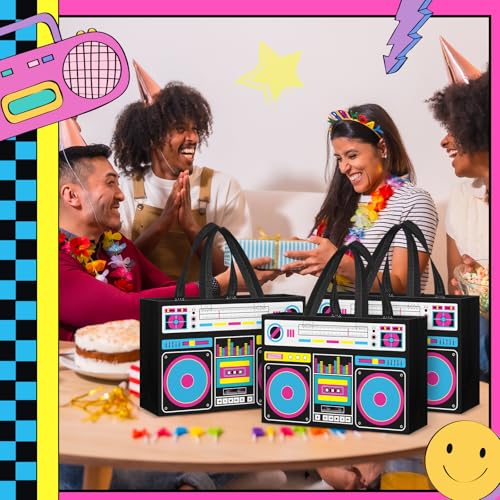 Locmeo 12 Pcs 80s90s Party Favor Bags Non Woven Retro Radio Grocery Bags for Hip Hop Birthday Disco Rock Party (Black) - Image 4