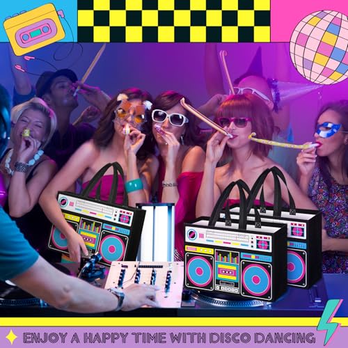 Locmeo 12 Pcs 80s90s Party Favor Bags Non Woven Retro Radio Grocery Bags for Hip Hop Birthday Disco Rock Party (Black) - Image 3