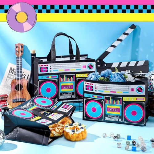Locmeo 12 Pcs 80s90s Party Favor Bags Non Woven Retro Radio Grocery Bags for Hip Hop Birthday Disco Rock Party (Black) - Image 2