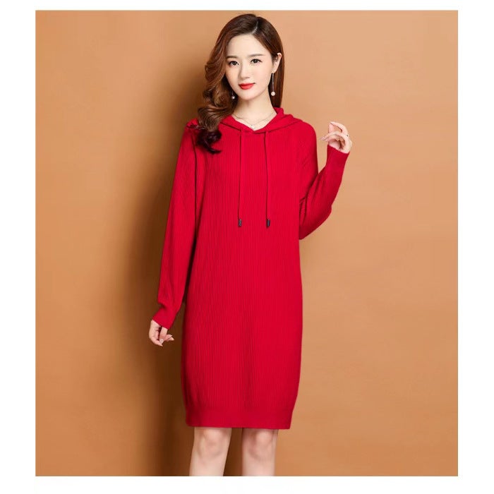 Early Autumn 2024 Hooded Knitted dress Spring and Autumn Mid-length Autumn Slim Fit Womens Dress 8 Color Sweater Dress Yellow - Image 4