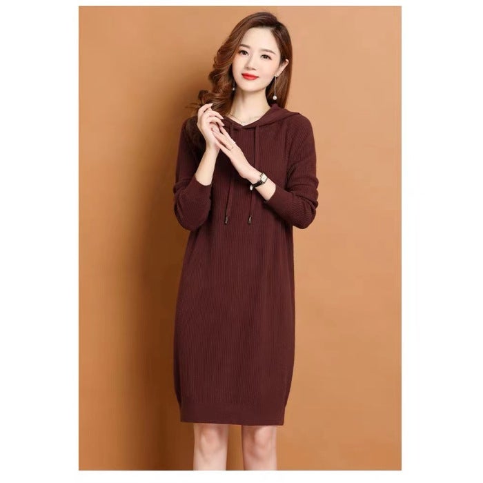 Early Autumn 2024 Hooded Knitted dress Spring and Autumn Mid-length Autumn Slim Fit Womens Dress 8 Color Sweater Dress Yellow - Image 5