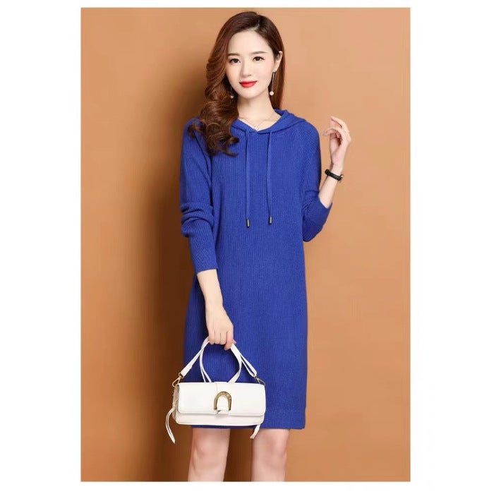 Early Autumn 2024 Hooded Knitted dress Spring and Autumn Mid-length Autumn Slim Fit Womens Dress 8 Color Sweater Dress Yellow - Image 2