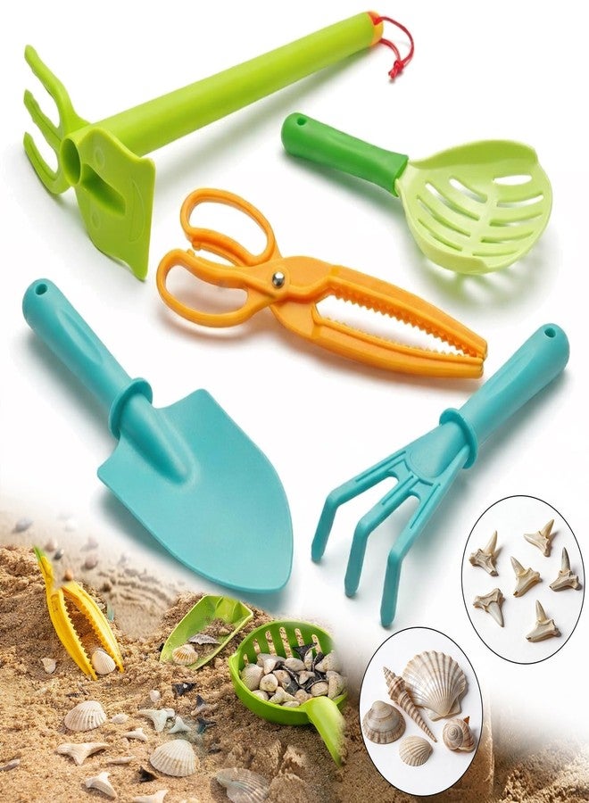 SupMLC Sand Beach Toys for Kids, 5 PCS Beach Shovel Sifter Rake, Clip Tongs Set - Travel-Friendly Mesh Scooper for Shell Collecting, Outdoor Essentials Shark Tooth Sifter Dipper for Toddlers Boys Girls - Image 1