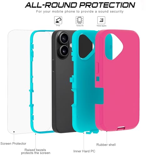 JGS for iPhone 16 Case 6.1", Military Grade 3 in 1 Heavy Duty Shockproof/Drop Proof Case with 2 PCS Tempered Glass Screen Protector (Pink Blue) - Image 3