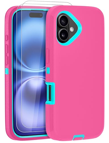 JGS for iPhone 16 Case 6.1", Military Grade 3 in 1 Heavy Duty Shockproof/Drop Proof Case with 2 PCS Tempered Glass Screen Protector (Pink Blue) - Image 1