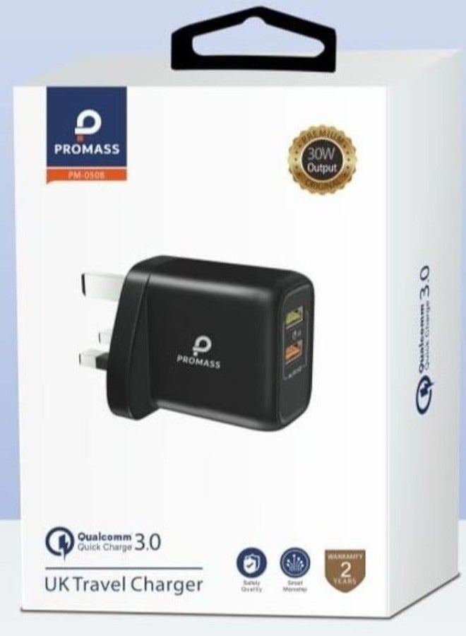 PROMASS Dual USB Travel Charger - 30W Qualcomm Quick Charge 3.0 Fast Charging Adapter with Over-current, Over-voltage, and Short-circuit Protection - Image 1