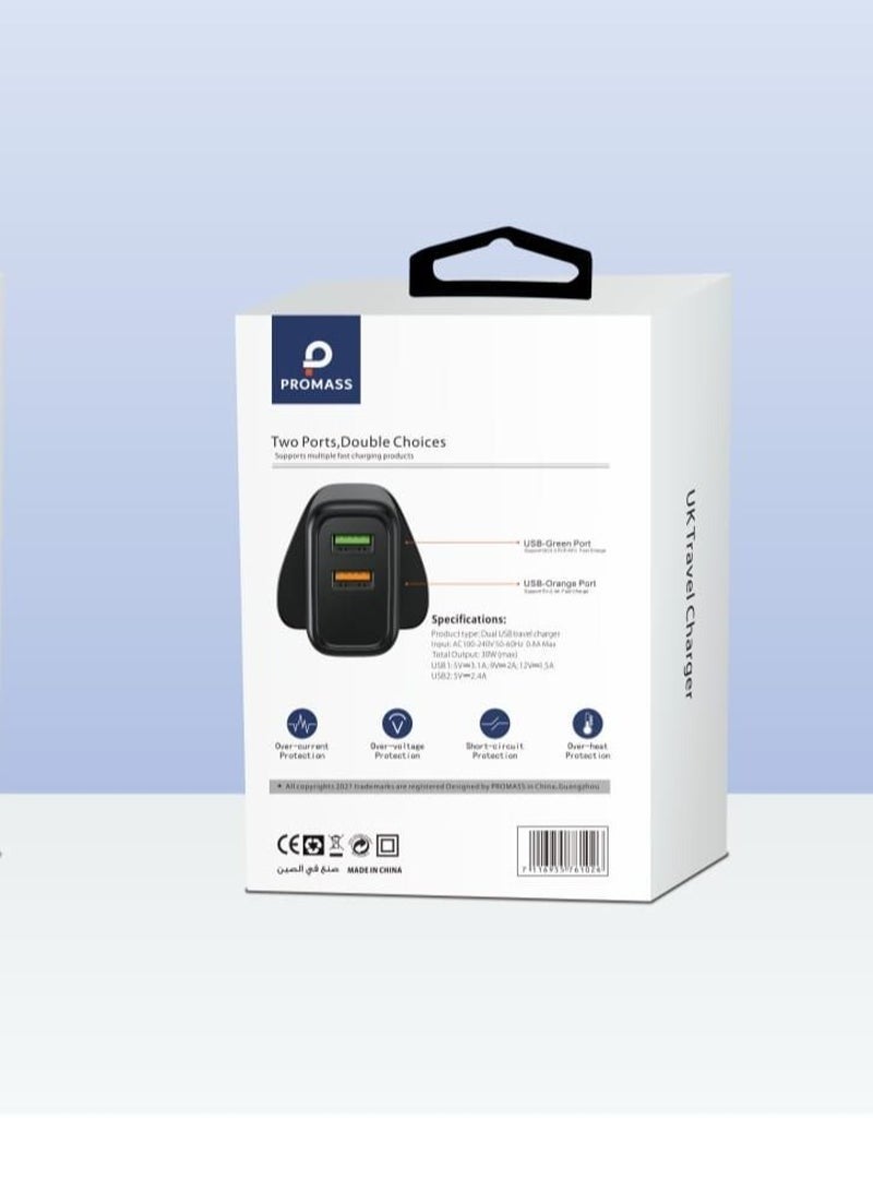 PROMASS Dual USB Travel Charger - 30W Qualcomm Quick Charge 3.0 Fast Charging Adapter with Over-current, Over-voltage, and Short-circuit Protection - Image 3