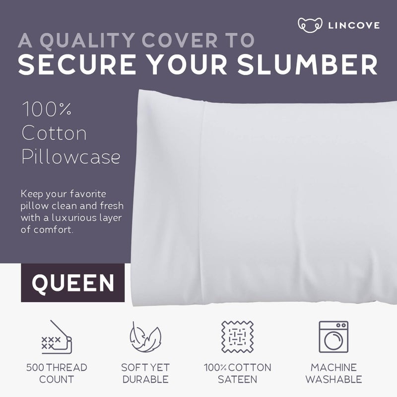 Lincove Lincove 100% Cotton Sateen Pillowcase - 500 Thread Count Luxury Cotton | Soft and Durable Bed Pillow Case, New and Improved, Queen Size, 20”x30” – Includes 1 Pillowcase  - Image 2