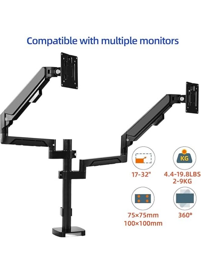 حامل مزدوج للشاشات – ذراع مكتب بنظام غاز يدعم شاشتين من 17 حتى 32 بوصة، حامل شاشة قابل للتعديل مع قاعدة مشبك وجراميت، يتحمل حتى 9 كجم لكل شاشة - Image 4