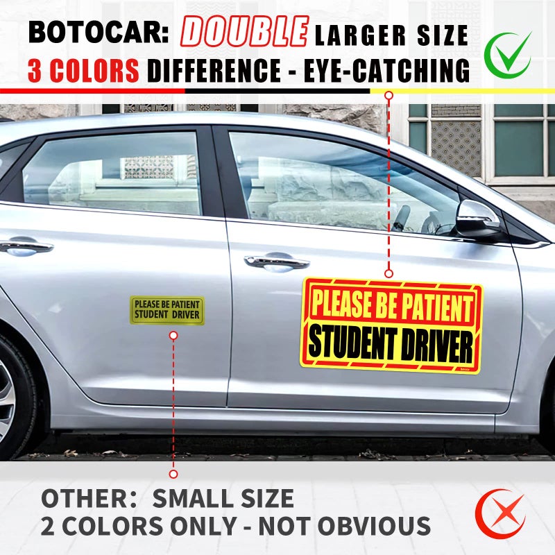Botocar Student Driver Car Magnet, 2 Pack Super Large Please Be Patient Student Driver Signs for Car, Reflective New Driver Vehicle Bumper Magnetic Sticker, Novice Driver Safety Warning Sign, 12Ã—6in - Image 3